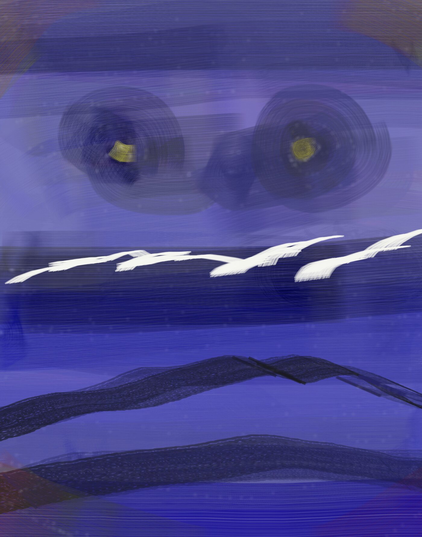 A blue seascape with pale white foam shapes and dark rolling water.