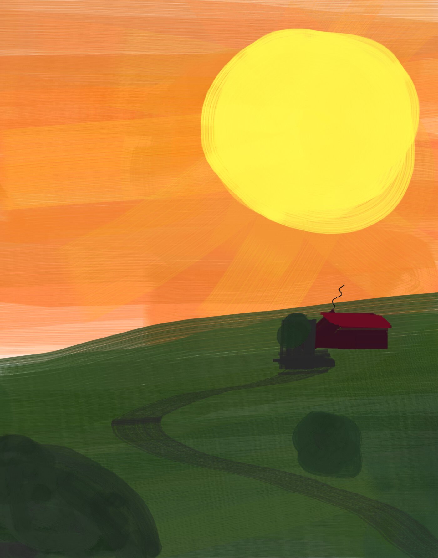 A warm sunset painting with a bright orange sky and dark green hills.