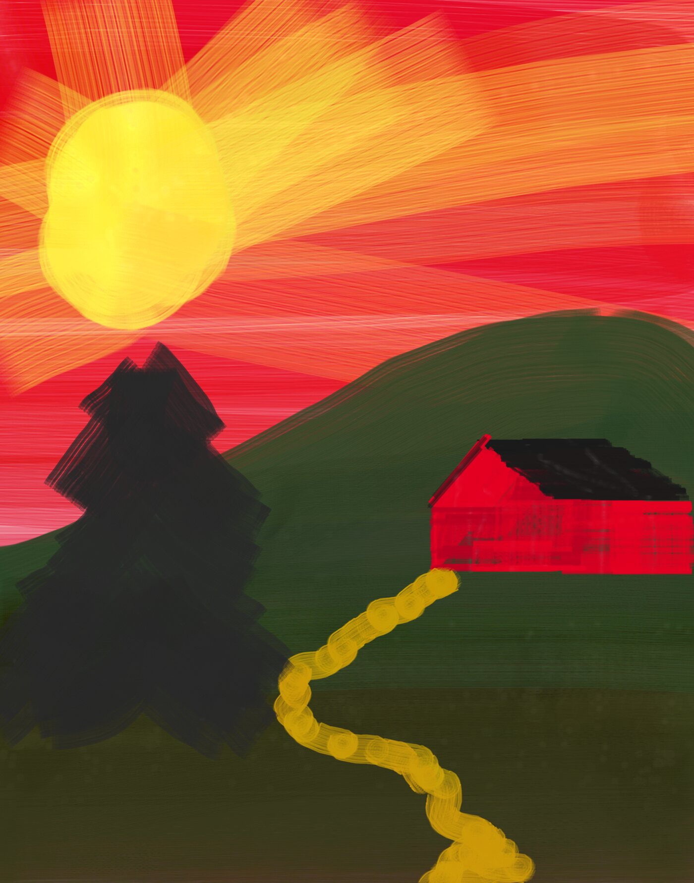 A more saturated sunset painting with a large yellow sun, a red sky, and a small red house.