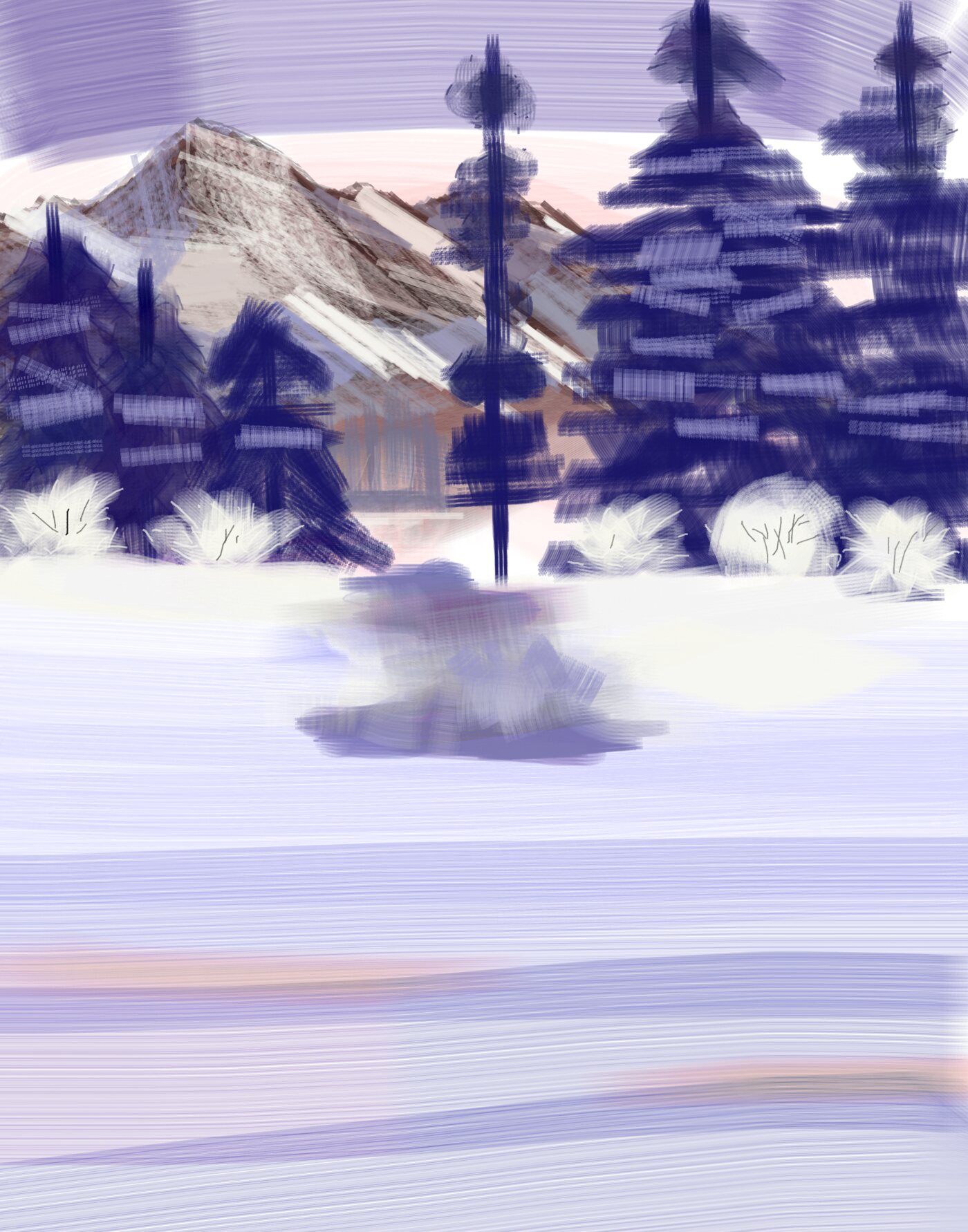 A winter landscape with snowy trees, a mountain ridge, and pale light over a frozen foreground.